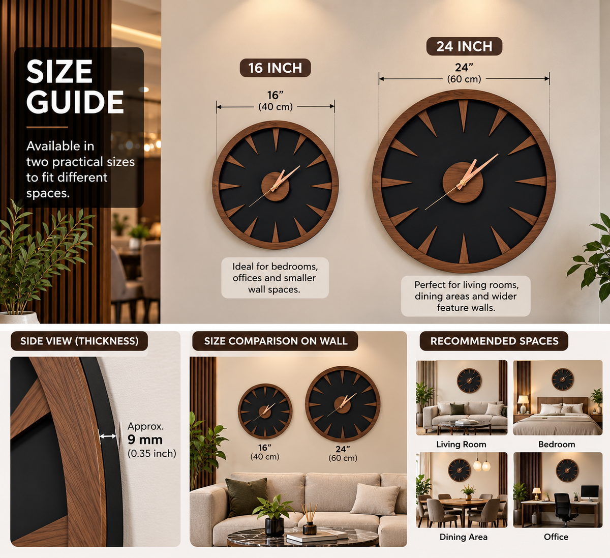Modern Black & Walnut Wall Clock | Matte Acrylic