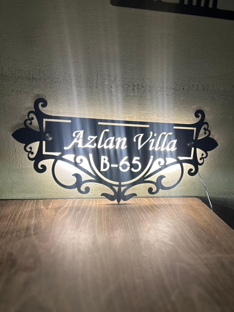 Ornamental LED Metal House Name Plate – Custom Villa Name Sign | Premium Matte Black MS Iron
