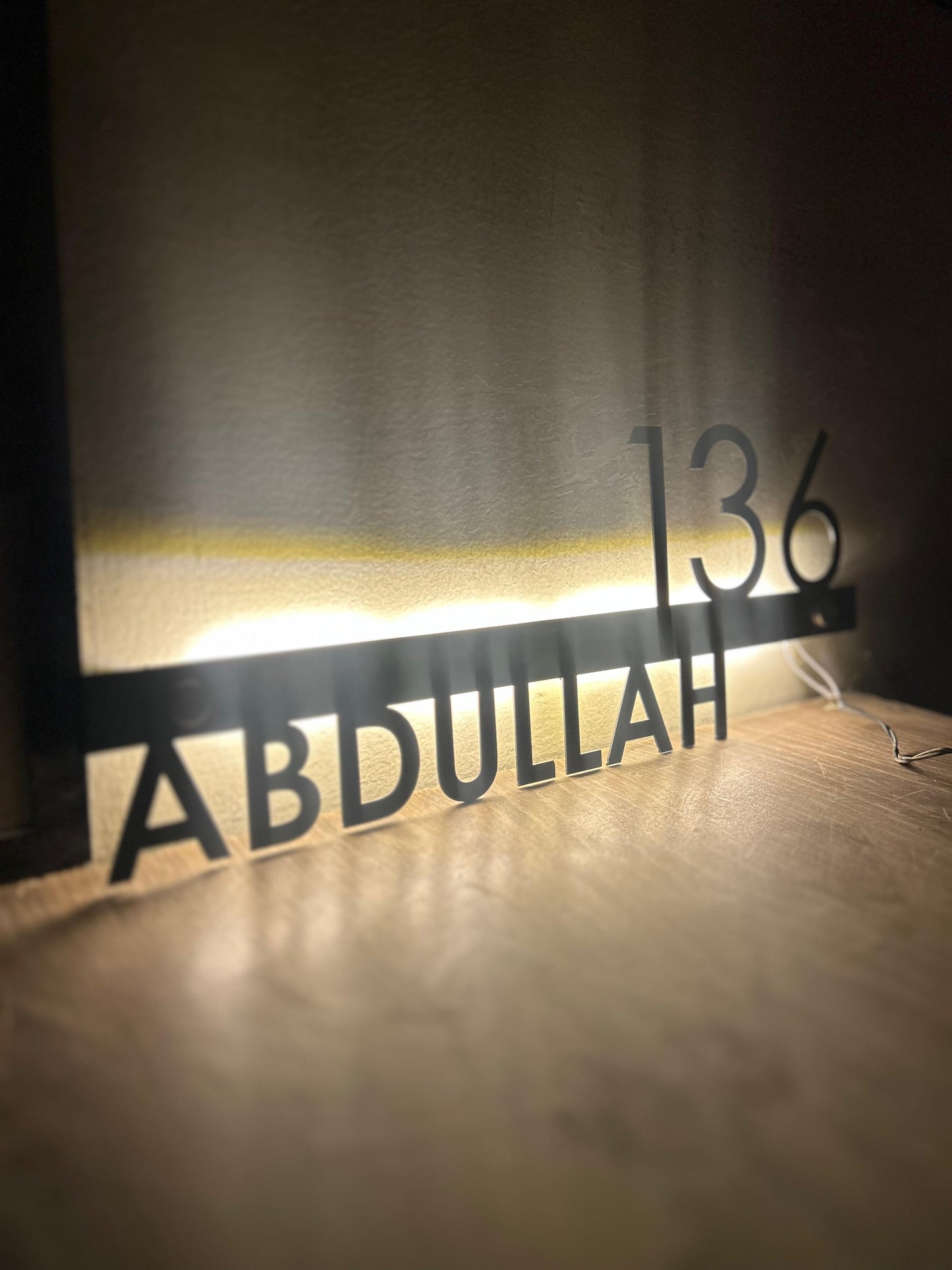 Modern LED Backlit Metal House Number Sign – Custom Matte Black MS Iron Name & Address Plaque