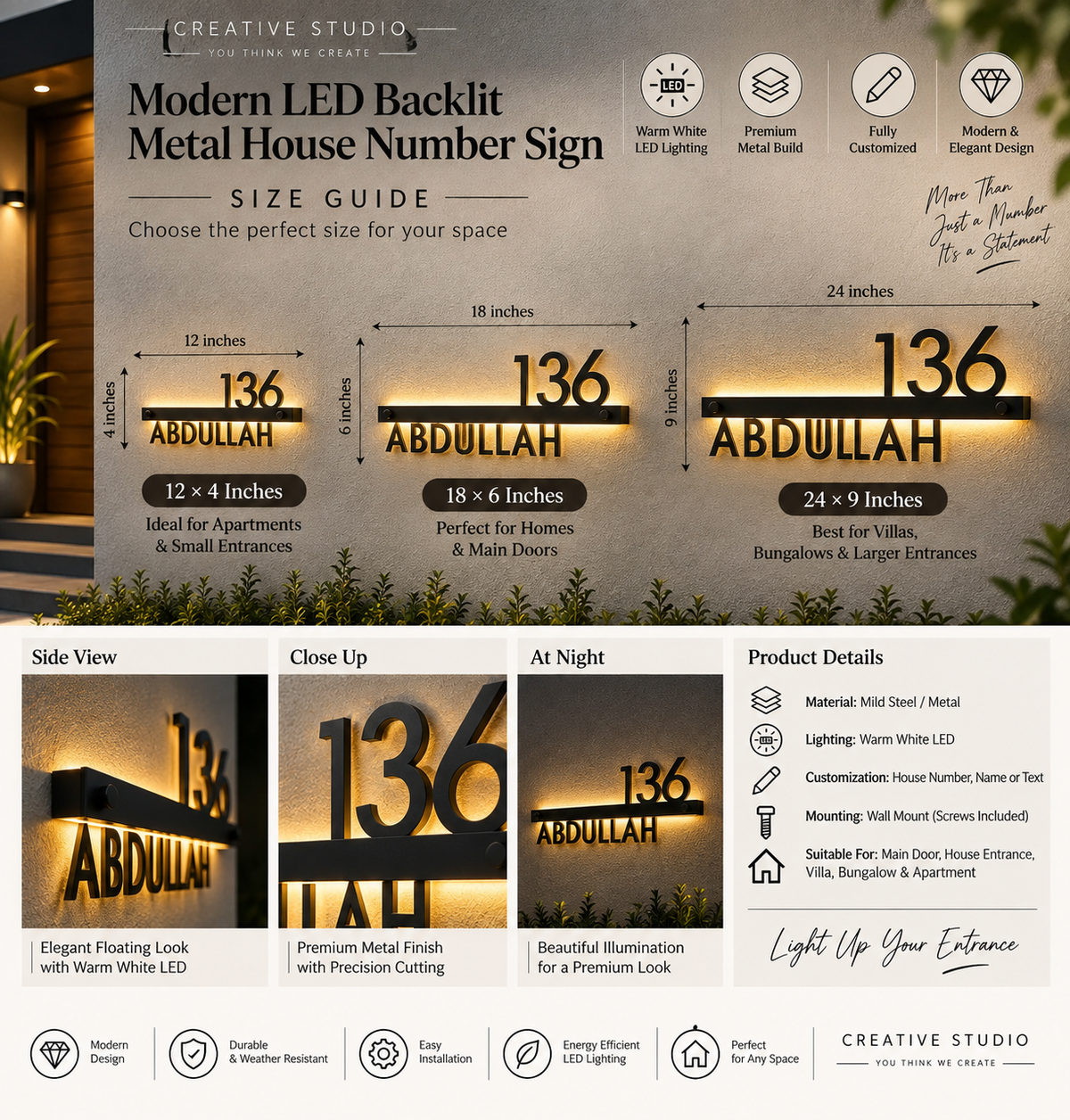 Modern LED Backlit Metal House Number Sign – Custom Matte Black MS Iron Name & Address Plaque