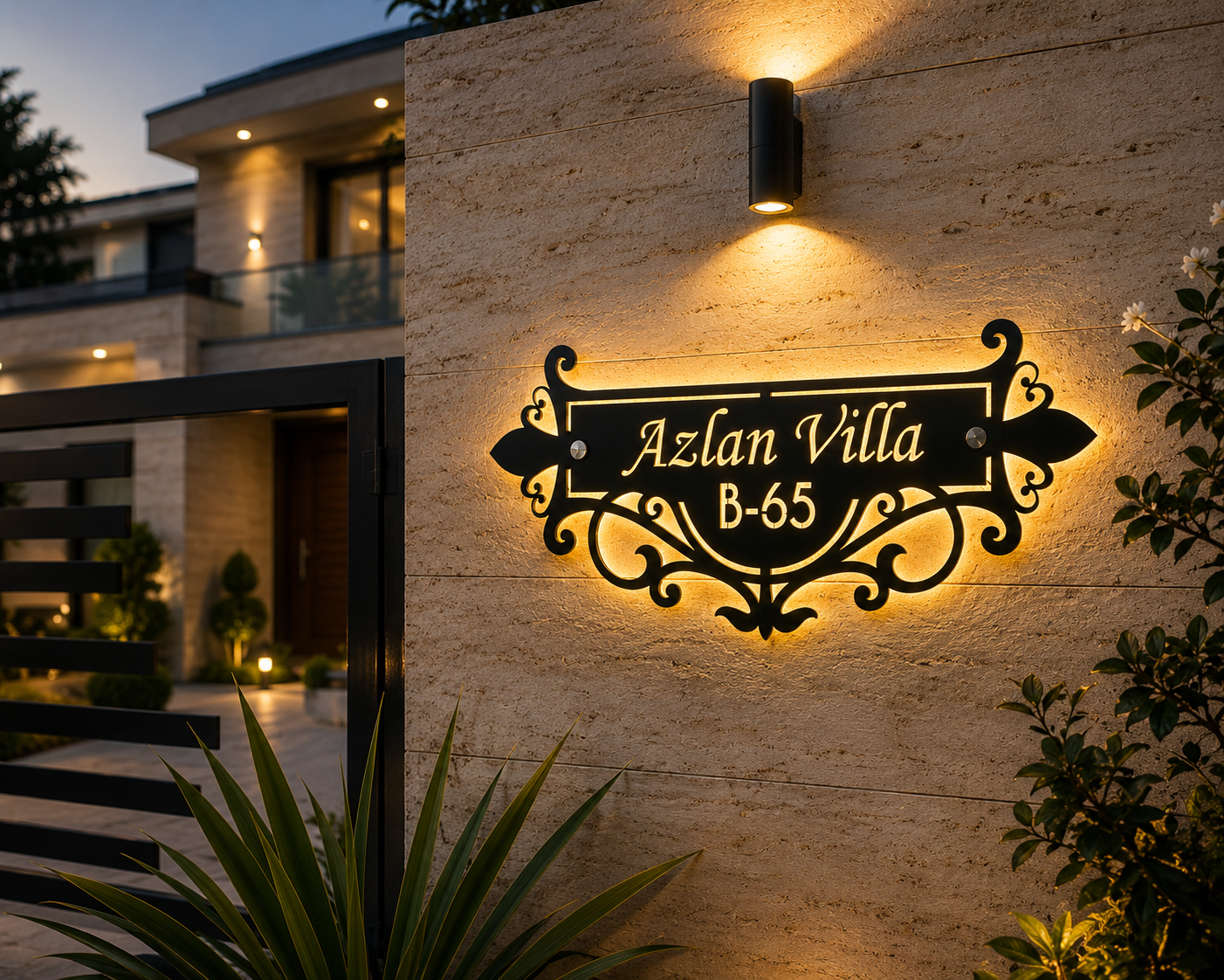 Ornamental LED Metal House Name Plate – Custom Villa Name Sign | Premium Matte Black MS Iron