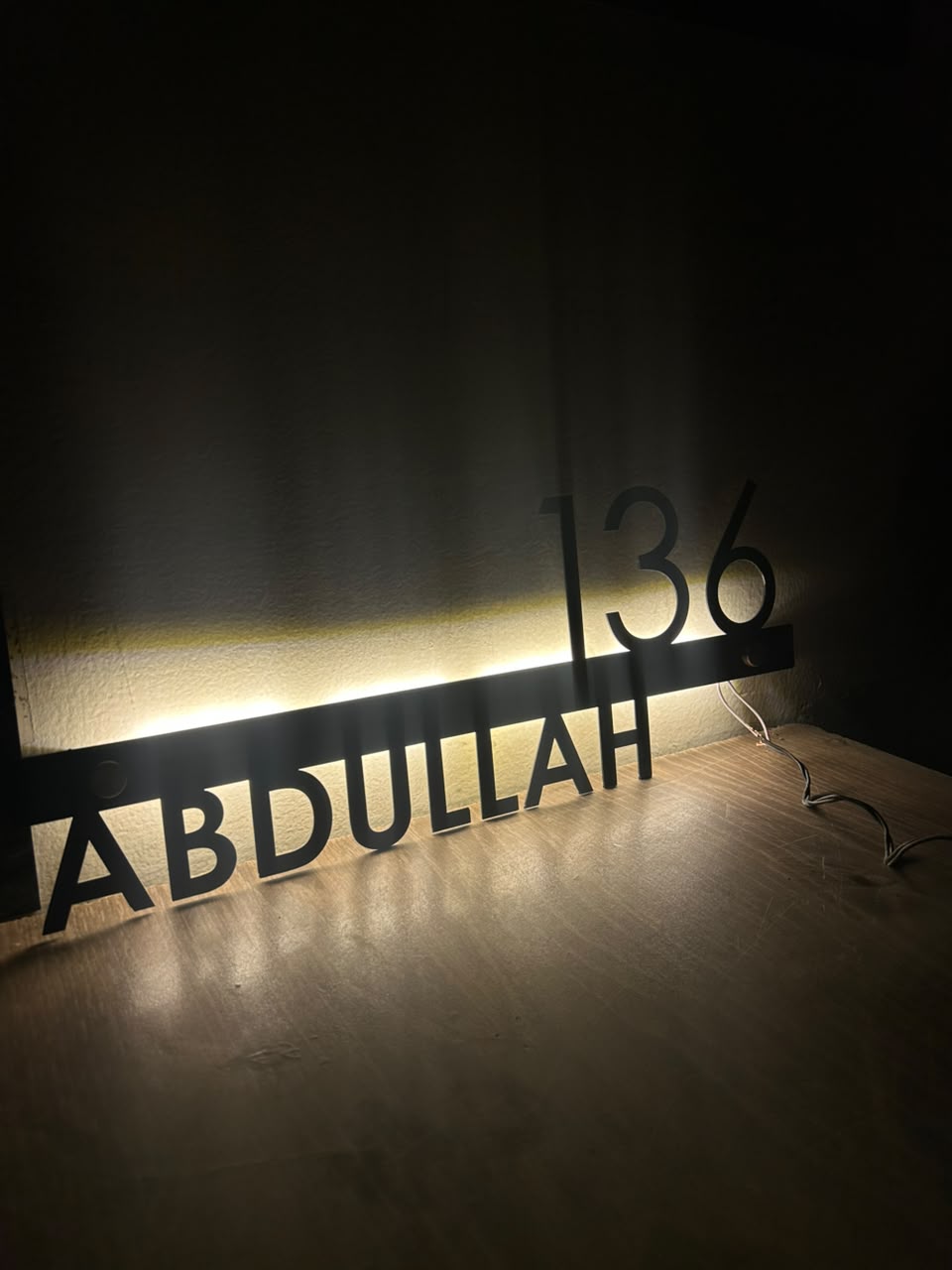 Modern LED Backlit Metal House Number Sign – Custom Matte Black MS Iron Name & Address Plaque