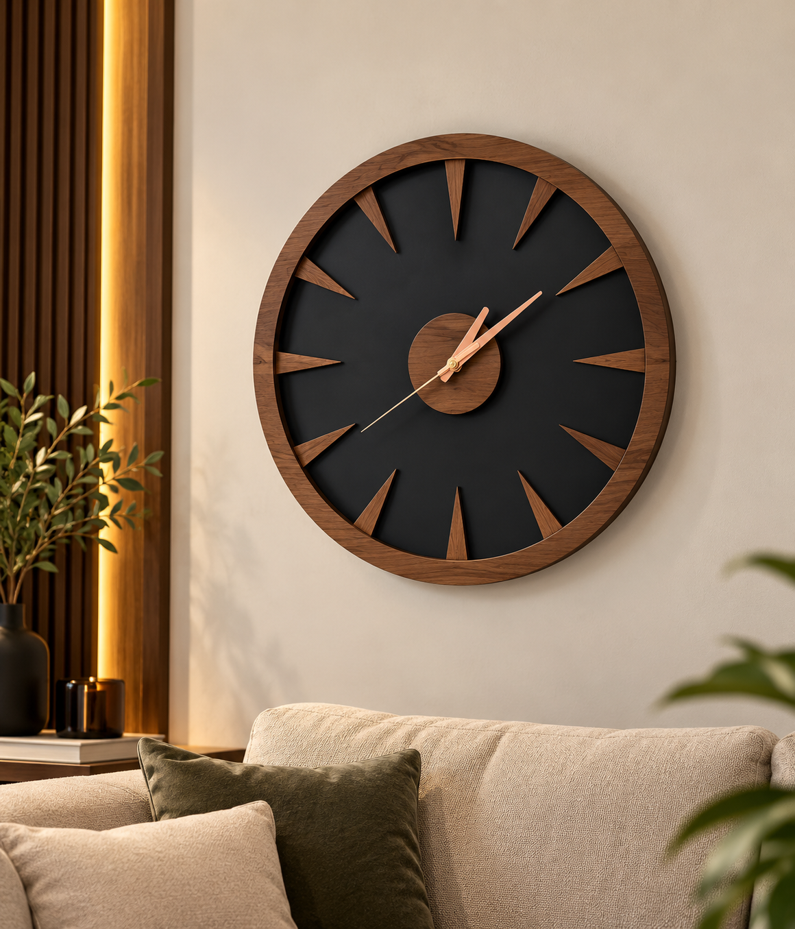Modern Black & Walnut Wall Clock | Matte Acrylic