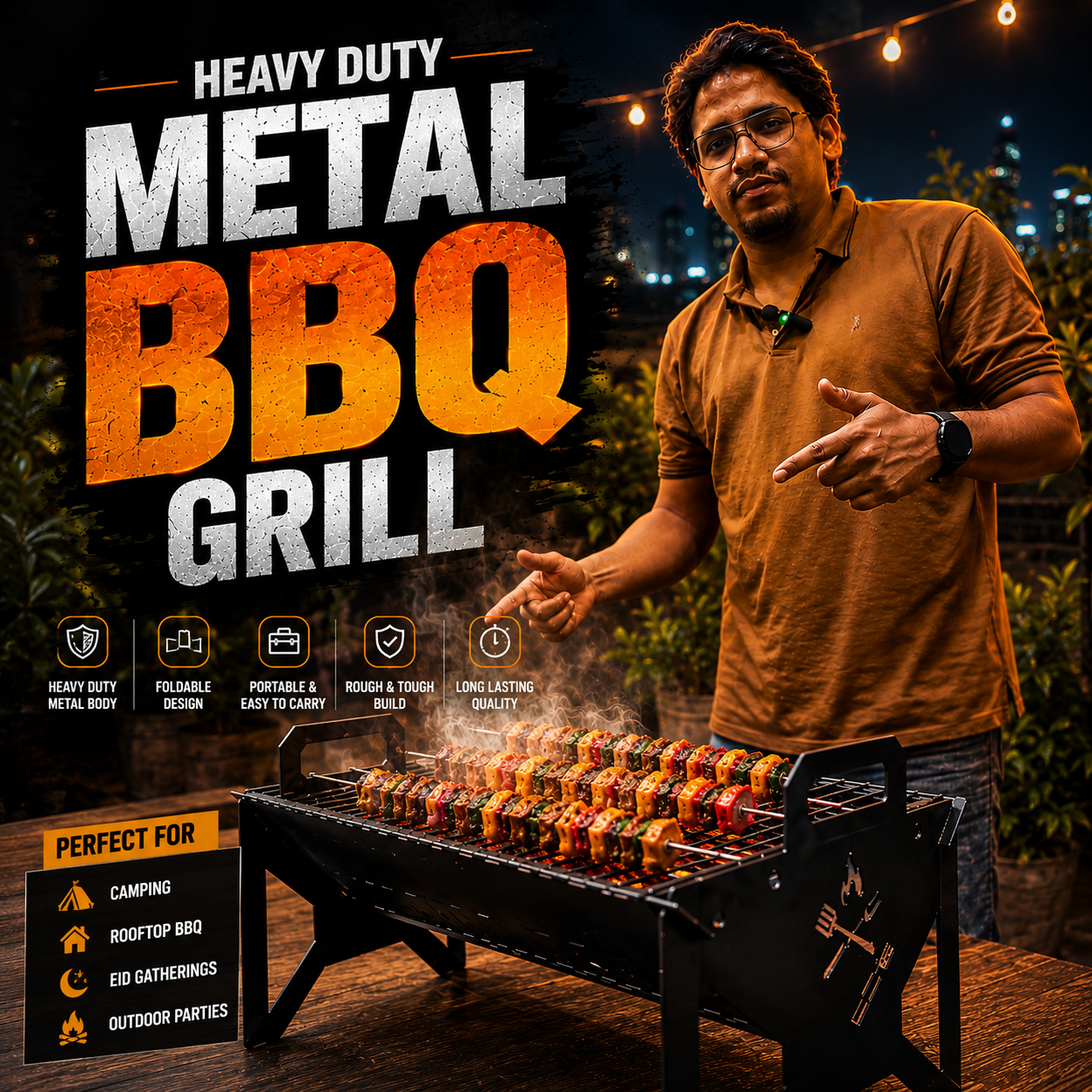 Heavy Duty Foldable Metal BBQ Grill | Portable Charcoal Barbecue Grill