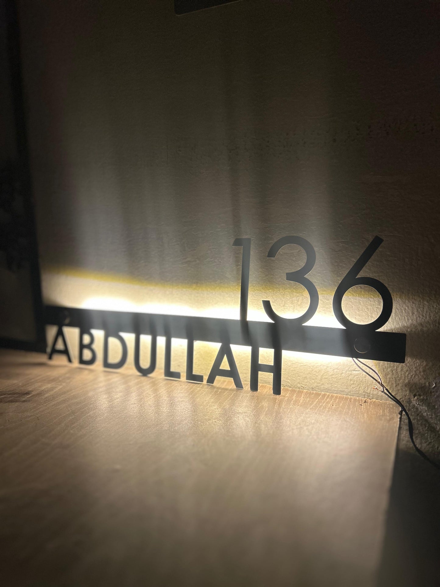 Modern LED Backlit Metal House Number Sign – Custom Matte Black MS Iron Name & Address Plaque