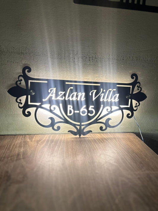 Ornamental LED Metal House Name Plate – Custom Villa Name Sign | Premium Matte Black MS Iron