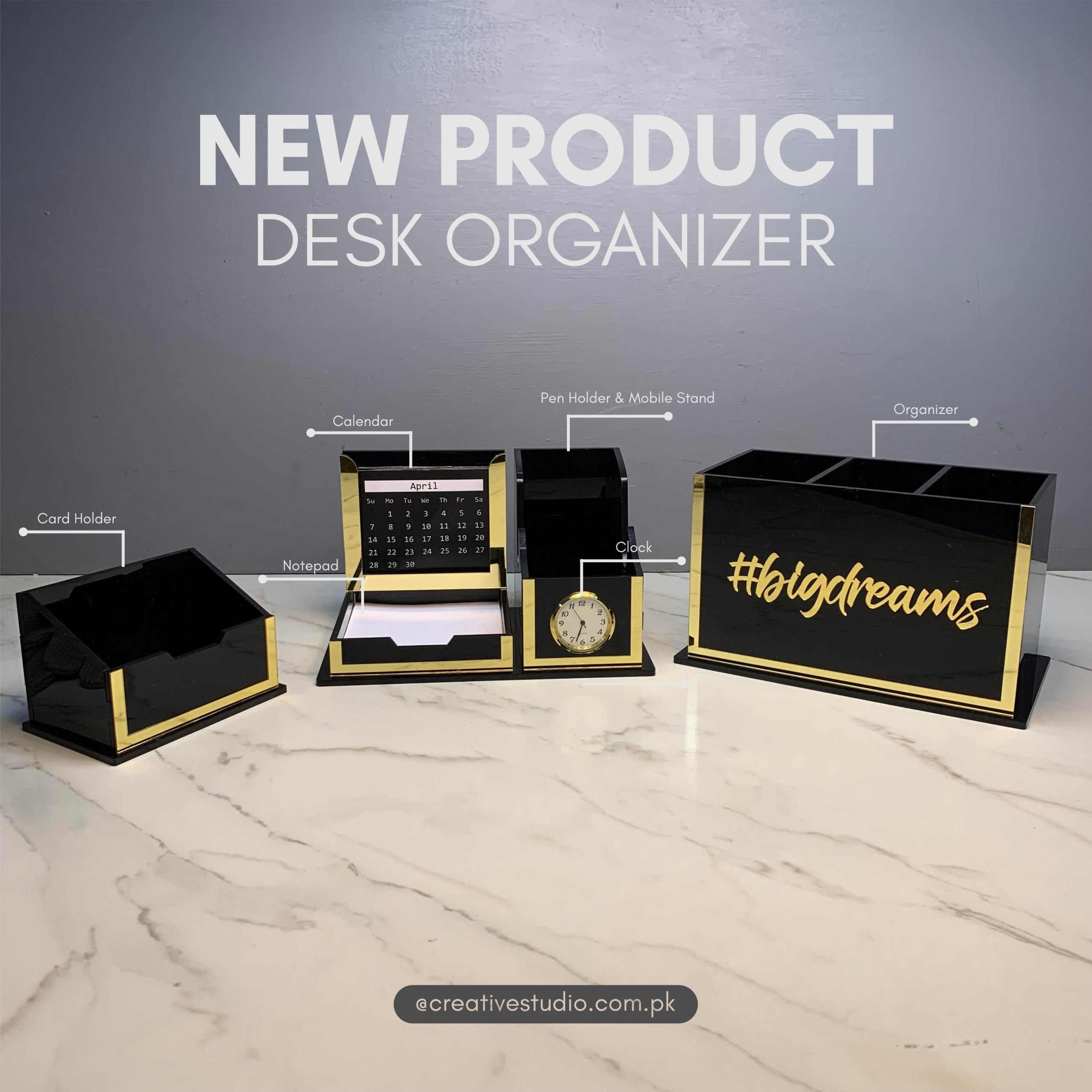 Stylish acrylic desk organizer – premium workspace accessory by Creative Studio Pakistan
