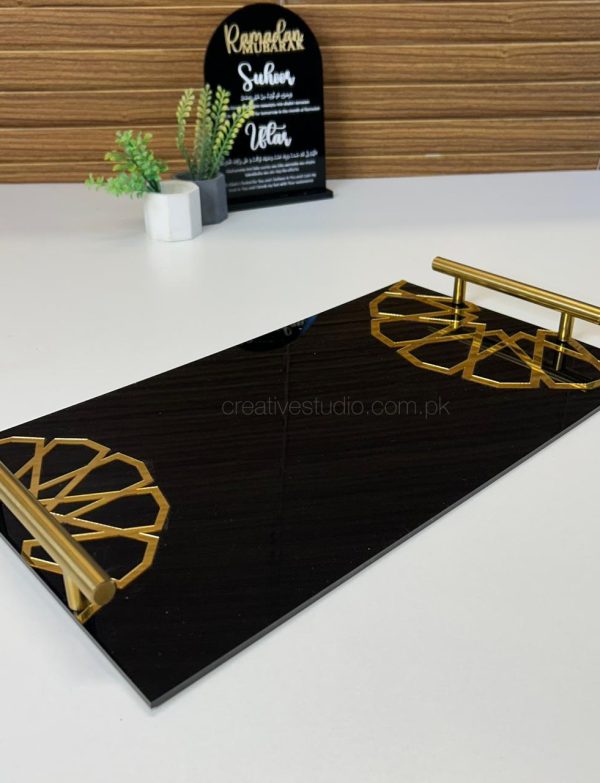 Geometric Black Acrylic Serving Tray with Gold Handles